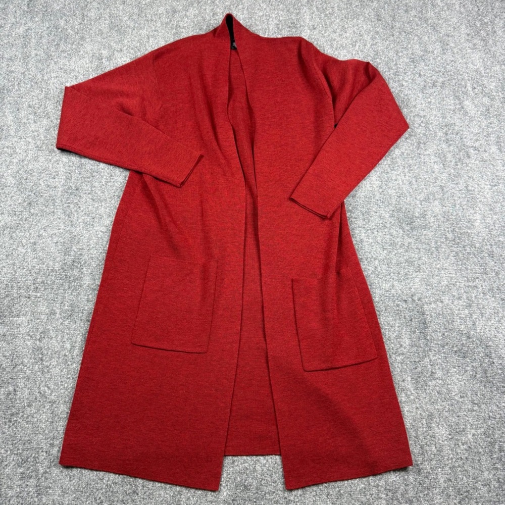 Eileen Fisher Cardigan Women Small Red Italian Wool Open Front Longline Pockets